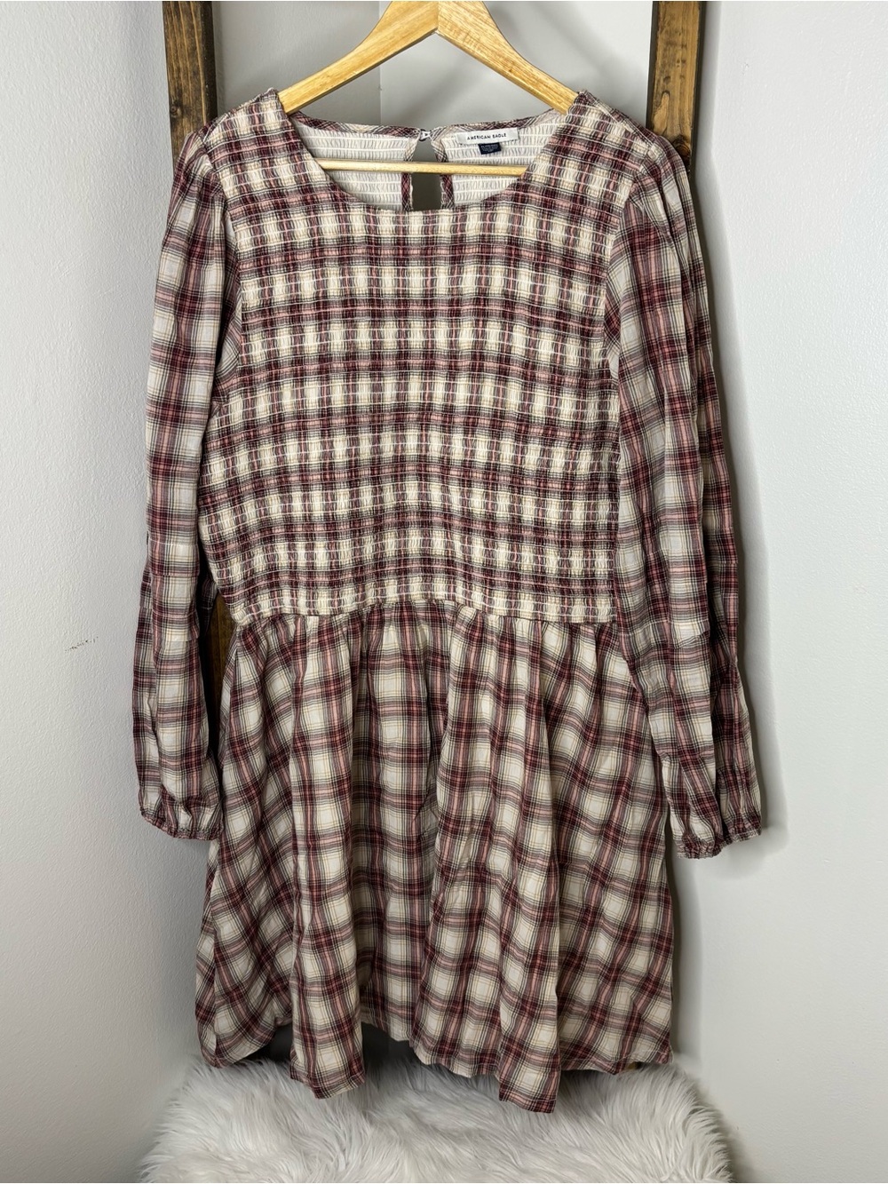 American Eagle Outfitters Cream and Burgundy Plaid Mini Dress Size XL